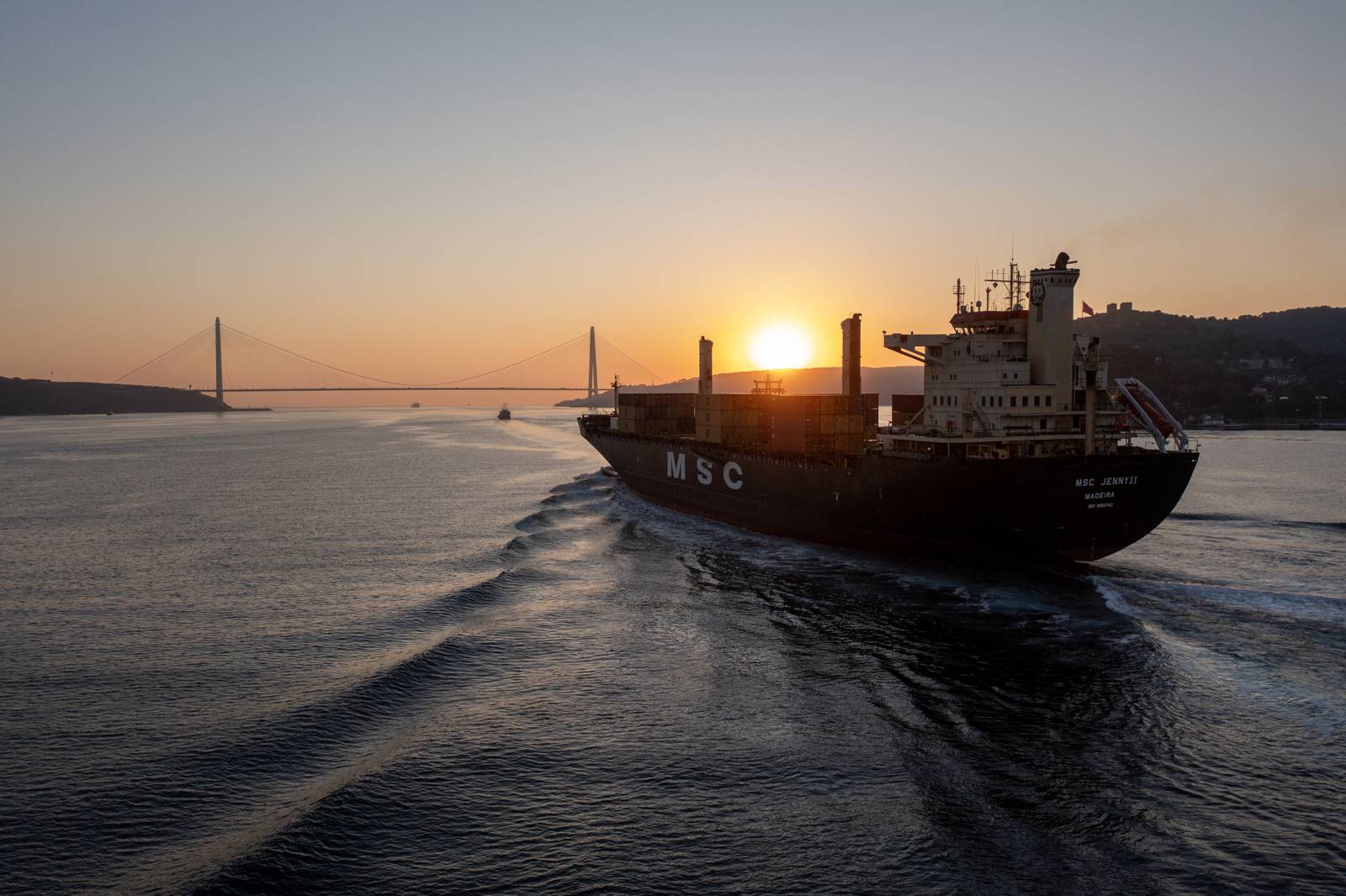 A container ship sails the Istanbul Strait at sunrise, beneath a suspension bridge.