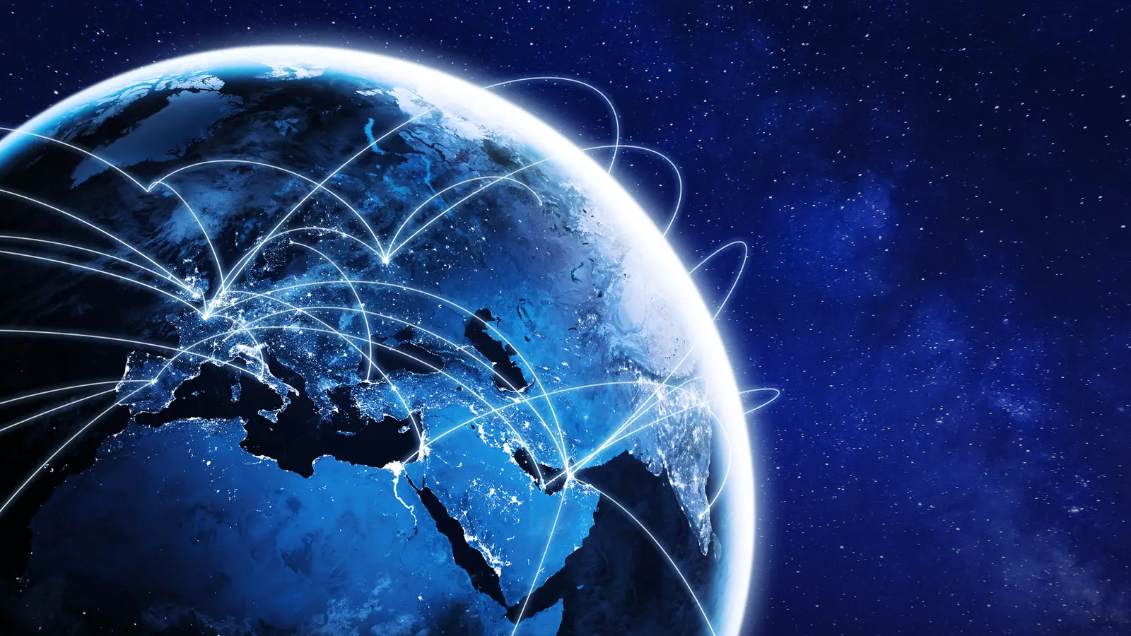 Earth seen from space at night, with lines connecting its cities.