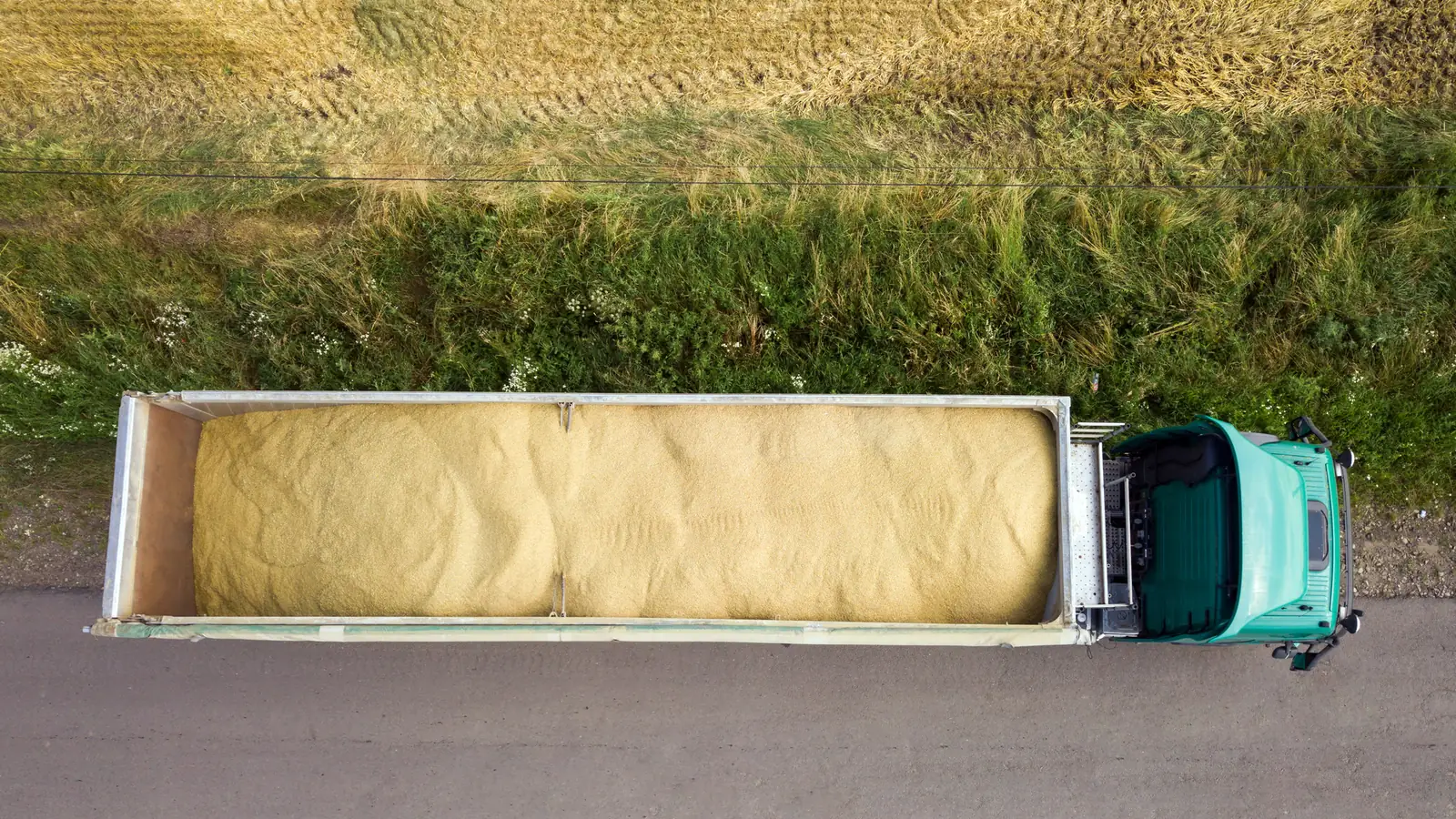 A grain truck drives a dirt road between fields, seen from above.