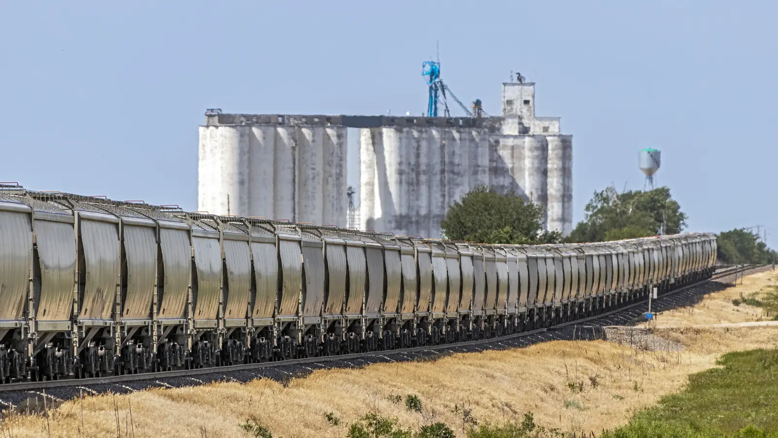 A long grain train passes a row of grain silos.