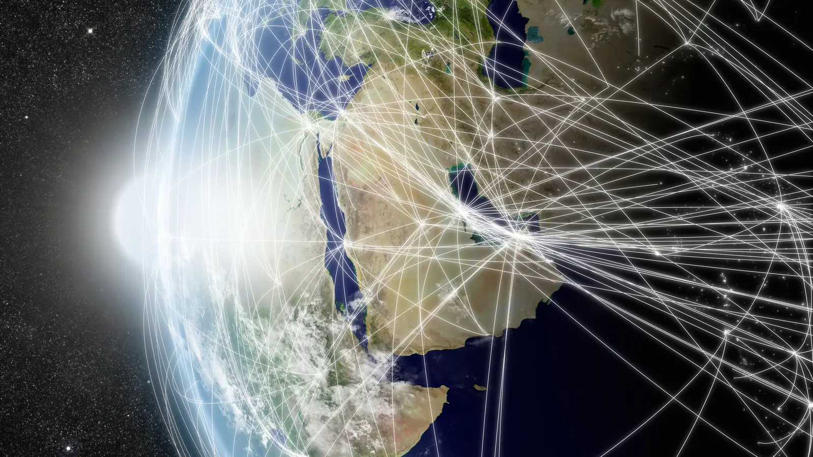A map of the Middle East with lines tracing major air routes.