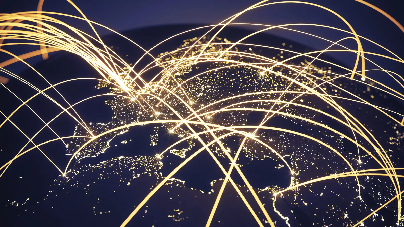 Gold network lines arc over the lights of Earth at night.